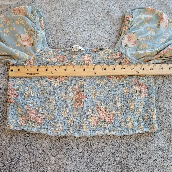 American Eagle Women Crop Top Medium Floral Smock Puff Sleeve‎ Y2K Boho 17466 - Picture 5 of 8
